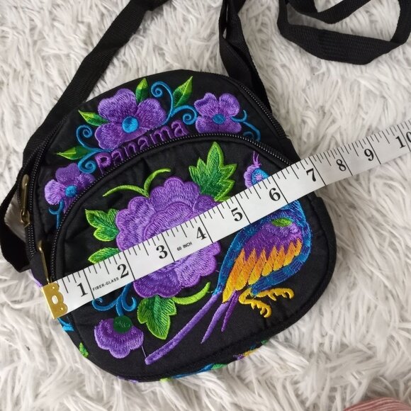 Panama Embroidered Purse 6 X 8 Gorgeous Purple Blue Floral Bird - Picture 4 of 6